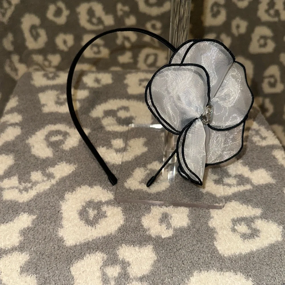 Tasha Black Band with Elegant Sheer White Flower with Clear Rhinestone Headband - Picture 6 of 17